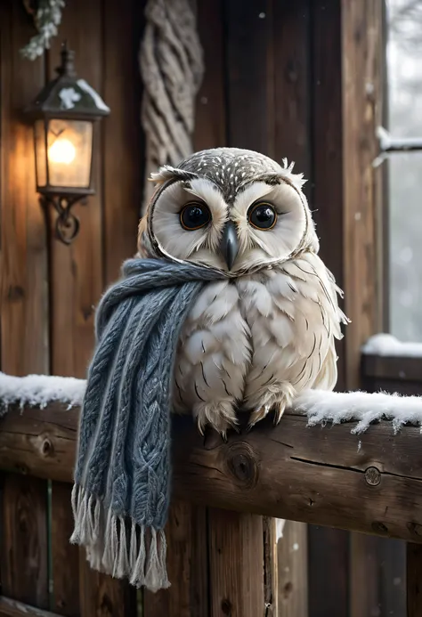 a digital artwork depicting an anthropomorphic owl with a serene, almost dreamy expression, the owl is made of soft, knitted woolen fabric in shades of grey and white, with a knitted scarf wrapped around its neck, the scarf is adorned with detailed, leaf-like patterns, giving it a realistic texture, in the background, there is a blurred, wooden fence with vertical slats, creating a sense of depth and privacy, a small, blue bird is perched on the right side of the image, adding a touch of whimsy to the scene, the lighting is soft and warm, casting gentle shadows that accentuate the owl's fur and the texture of the scarf, the overall mood is peaceful and contemplative, with the softness of the woolen scarf and the gentle, almost ethereal quality of the bird's feathers contrasting against the muted tones of the wooden fence and the warm, cozy atmosphere of the room, the artwork has a dreamy, almost magical quality, enhanced by the soft, dreamy lighting and the serene owl's peaceful demeanor looking at viewer, scarf, closed eyes, no humans, bird, blanket, realistic, scarf around neck, (HD, manga masterpiece, best quality, hyper detailed, ultra detailed, super realistic),, (Midjourney Image Enhancer XL v1:0.8), (add-detail-xl:0.65)<lora:SDXL\Midjourney Image Enhancer XL v1.safetensors:1.0:1.0> <lora:SDXL\add-detail-xl.safetensors:1.0:1.0>