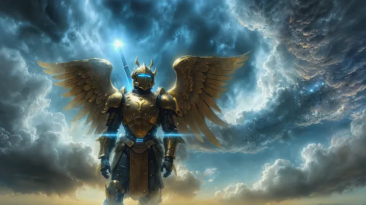 UHD, HDR, ((masterpiece, best quality)), absurdres, graphic novels illustration, science fiction painting of a armored crusader, scifi, angelic, religious, christianity, clear sky, glowing clouds, a surreal night, foggy scenery, ((glowing gold and blue lights)), heavenly sky, angelic wings,
 <lora:Abyssal_Tech_XL:0.8> abyssaltech, ABYSS,
 <lora:tbh193-sdxl:0.8> tbh193, style of Michelangelo Buonarroti,