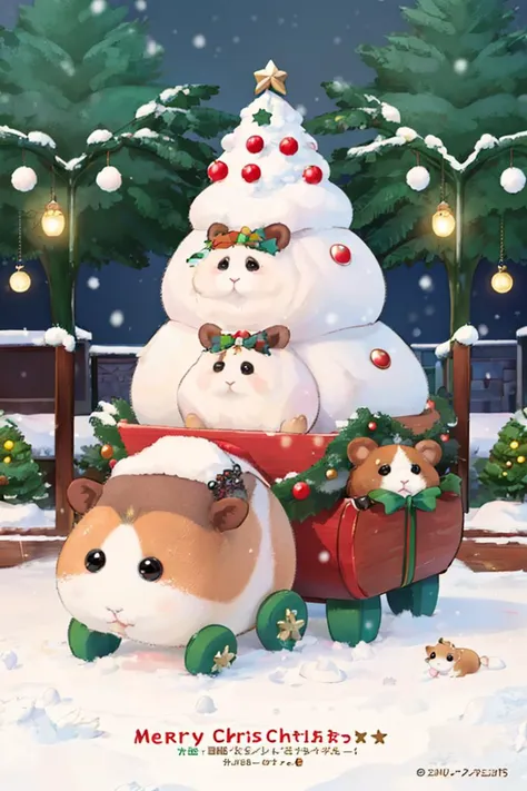 <lyco:MolCarStyle:0.9> hamster, guinea pig, molcar, 
christmas town, a large tree in the center, street, guinea pigs, cute, snow, sleigh, 
postcard,