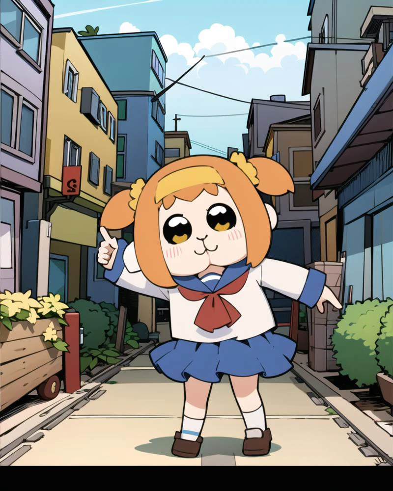<lora:MolCarStyle:1.0>, (MolCarStyle:1.0), (animal),
<lora:popteamepic-10:0.4>, (pop team epic), :3,
popuko, short hair, skirt, shirt, hair ornament, long sleeves, twintails, school uniform, yellow eyes, white shirt, sidelocks, shoes, serafuku, socks, sailor collar, orange hair, two side up, blue skirt, neckerchief, brown footwear, scrunchie, short twintails, white socks, blue sailor collar, red neckerchief, hair scrunchie, yellow scrunchie,