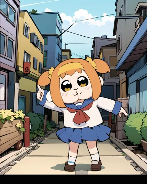 <lora:MolCarStyle:1.0>, (MolCarStyle:1.0),  (animal), 
<lora:popteamepic-10:0.4>, (pop team epic), :3, 
popuko, short hair, skirt, shirt, hair ornament, long sleeves, twintails, school uniform, yellow eyes, white shirt, sidelocks, shoes, serafuku, socks, sailor collar, orange hair, two side up, blue skirt, neckerchief, brown footwear, scrunchie, short twintails, white socks, blue sailor collar, red neckerchief, hair scrunchie, yellow scrunchie,