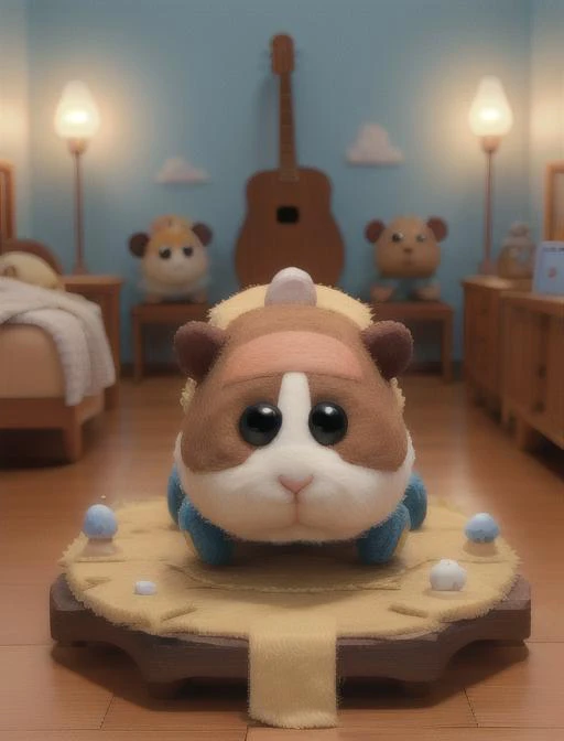 best quality, masterpiece, highres, detailed, miniature, diorama, <lora:Detail - add_detail:0.2>, <lyco:Style - MolCarStyle:0.9>, toy, felt hamster in toy city, MolCarStyle, night