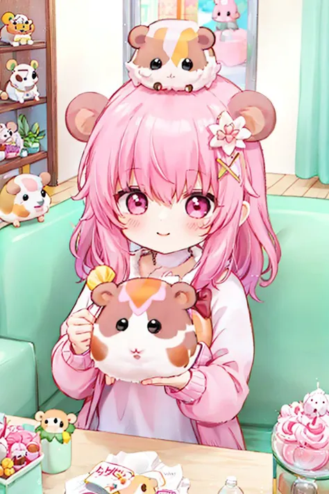 <lora:curcuma:0.9> curcuma, 1girl, looking_at_viewer, hair_ornament, pink_hair, loose hair cute, smile, shy, blush, holding, holding hamster, holding pui pui molcar, 
<lora:MolCarStyle:0.8> molcarstyle, miniature, diorama, toy, felt hamster, (multiple hamsters:1.3), cute hamsters, felt hamsters, guinea pigs, pets,
on couch, sunday morning