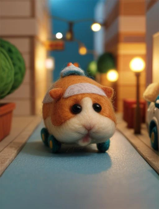 best quality, masterpiece, highres, detailed, miniature, diorama, <lora:Detail - add_detail:0.2>,  <lyco:Style - MolCarStyle:0.9>, toy, felt hamster in toy city, MolCarStyle, dusk,