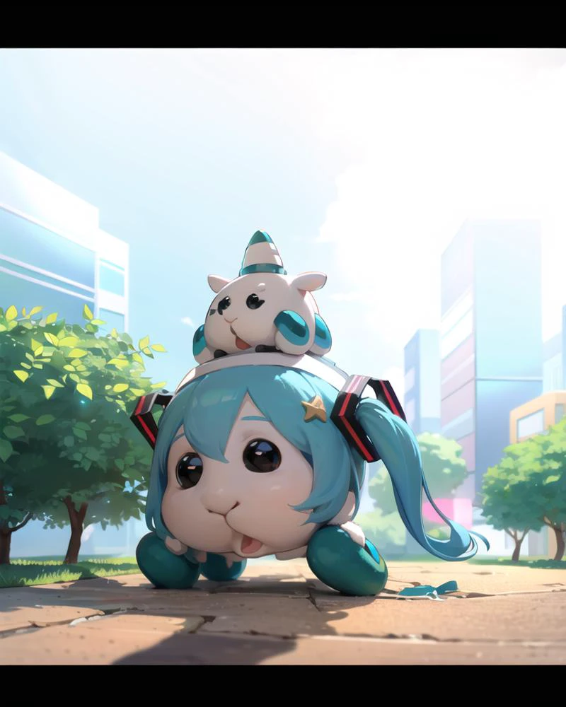 (the, pui pui molcar), no humans,
outdoors, simple background,
<lora:MolCarStyle:1.0>, (MolCarStyle:1.2), (animal), and, toy, sitting, surface,
(hatsune miku:1.2), twintails, hair ornament,