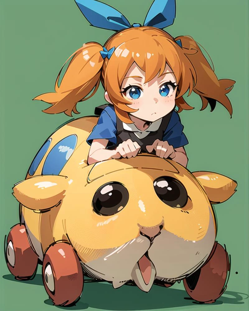 outdoors, simple background,
<lora:MolCarStyle:0.8>, (molcarstyle:1.4),
<lora:popurin_moe:0.4>, (blue eyes, hair bow, blue bow, orange hair, twintails),
1girl, sitting on the animal, yellow car,