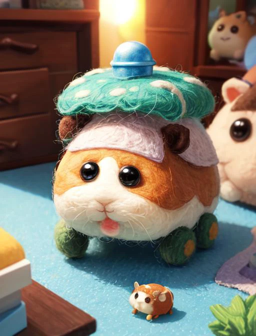 best quality, masterpiece, highres, detailed, miniature, diorama, <lora:Detail - add_detail:0.2>, <lyco:Style - MolCarStyle:0.9>, toy, felt hamster in toy city, MolCarStyle, dusk