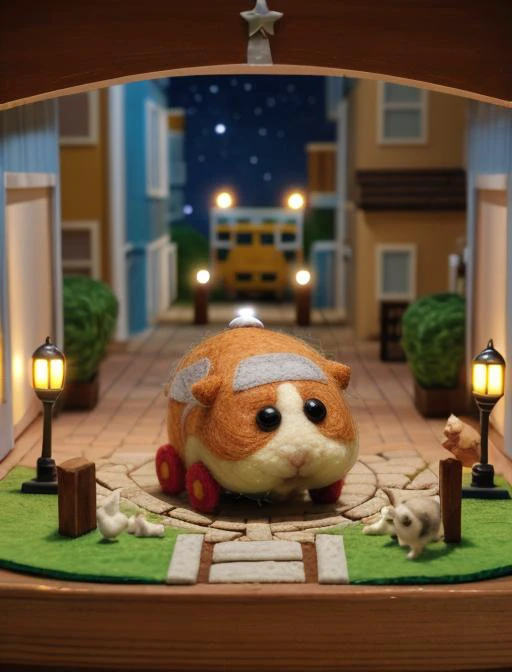 best quality, masterpiece, highres, detailed, miniature, diorama, <lora:Detail - add_detail:0.2>,  <lyco:Style - MolCarStyle:0.9>, toy, felt hamster in toy city, MolCarStyle, night,