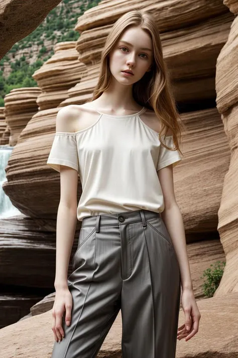 <lora:kawaii7.1.3_obj20:0.75:0.25>, European woman, closeup, sandals, (shirt), pants, (glenwood canyon), ZM_heather, wide shoulders, perfect face, (contact iris: 1.1), pale skin, skin pores , depth of field