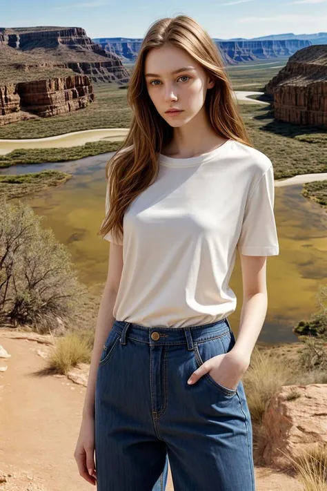 <lora:kawaii7.1.3_obj20:0.75:0.25>, European woman, closeup, sandals, (shirt), pants, (big bend national park), ZM_heather, wide shoulders, perfect face, (contact iris: 1.1), pale skin, skin pores , depth of field
