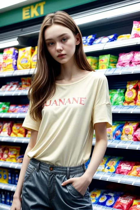 <lora:kawaii7.1.3_obj20:0.75:0.25>, European woman, closeup, sandals, (shirt), pants, (convenience store), ZM_heather, wide shoulders, perfect face, (contact iris: 1.1), pale skin, skin pores , depth of field