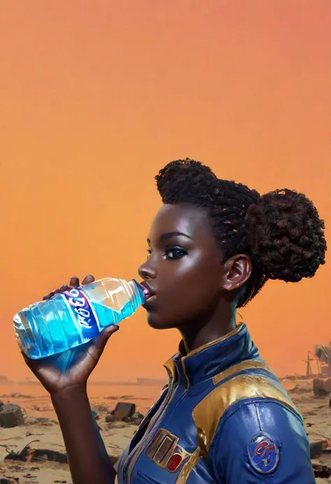 score_9, score_8_up, score_7_up,
fallout, vault uniform 69, 1girl, black woman, dark skin, solo, looking at viewer, hazel eyes, 2 afro puff pigtails ,bodysuit, science fiction, (((drinking a glowing blue large glass bottle of "NUKA COLA"))), background wasteland, glowing red and orange sky, destroyed Ferris on a destroyed pier next to the beach, side view, chugging, head back