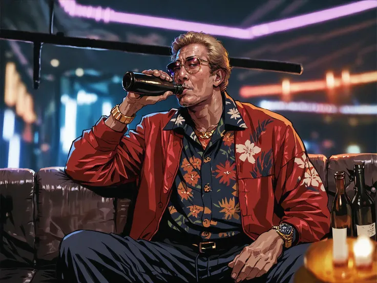 1boy, old, blonde hair, short hair, gold handwatch, sunglasses, sitting on black sofa, purple lights, mist, red jacket, hawaiian shirt, drinking sake, holding sake bottle, <lora:drinking_chugging_pony-adam-cosine-8x4-4x1-cs1:1>, night club, club interior, solo, <lora:Seung_Eun_Kim-000020:0.8>, score_9, score_8_up, score_7_up, realistic