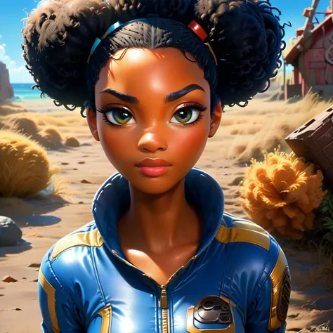 score_9, score_8_up, score_7_up,
fallout, vault uniform 69, 1girl, black woman, dark skin, solo, looking at viewer, hazel eyes, 2 afro puff pigtails ,bodysuit, science fiction, (((holding a glowing blue NUKA COLA))), backround wasteland, orange sky, destroyed Ferris on a destroyed pier next to the beach, OverallDetail