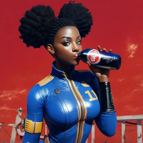 score_9, score_8_up, score_7_up,
fallout, vault uniform 69, 1girl, black woman, dark skin, solo, looking at viewer, hazel eyes, 2 afro puff pigtails ,bodysuit, science fiction, drinking a light emitting glowing blue nuka cola, backround wasteland, red sky, destroyed Ferris wheel, OverallDetail