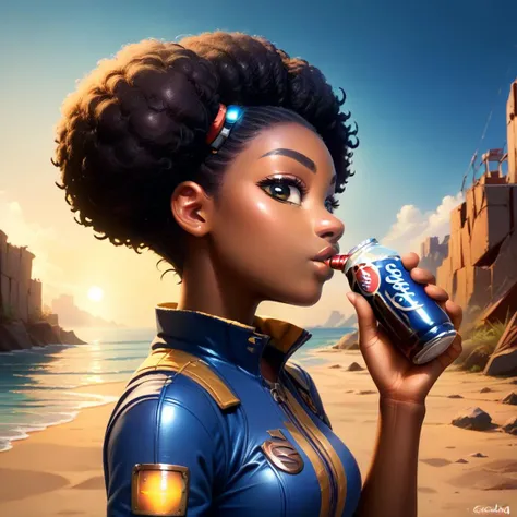 score_9, score_8_up, score_7_up,
fallout, vault uniform 69, 1girl, black woman, dark skin, solo, looking at viewer, hazel eyes, 2 afro puff pigtails ,bodysuit, science fiction, (((drink a glowing blue glass bottle of NUKA COLA))), background wasteland, glowing red and orange sky, destroyed Ferris on a destroyed pier next to the beach, side view, head back chugging