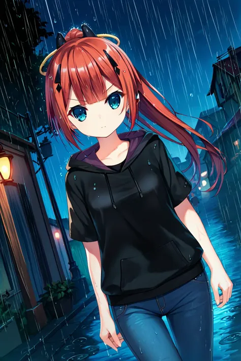 score_9, score_8_up, score_7_up, score_6_up, rating_safe, source_anime, best quality, masterpiece, detailed background, detailed eyes, (dutch angle), town, raining, black sweatshirt, jeans, untucked shirt, wet hair, walking, v shaped eyebrows, <lora:kamiyama-shiki-xl-05:1>, kamiyama shiki, small breasts, hair ornaments, ponytail,