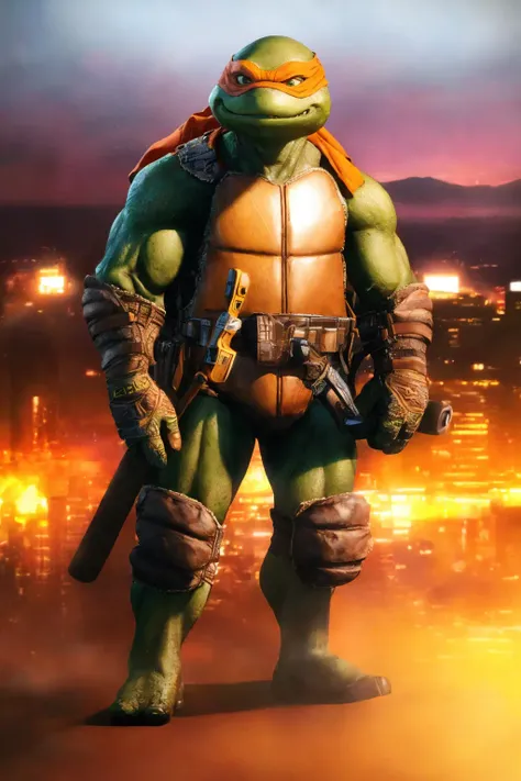 <lora:TMNTMichelangelo-11:0.8>(RAW photo, real life, absurdres, high quality, photorealistic, detailed, realistic:1.3), (solo:1.3), illustration, a high resolution photo of a TMNTMichelangelo, a teenage mutant ninja turtle with an orange bandana mask with eye-holes standing with his arms to his side holding a pair of nunchucks in his left hand, standing on a foggy morning city rooftop, skateboard on the back of his shell, foggy mist and faint shapes of city skyscrapes in the fog in the background, cinematic, atmospheric, 8k, realistic lighting, shot by Hassleblad H6D, Zeiss, Kodachrome, nikon, 50mm 1.2 lens, Octane Render, ultra realistic, realistic lighting, photorealistic, photorealism, photoreal, unreal engine 5, Adobe After FX, highly detailed, intricate detail