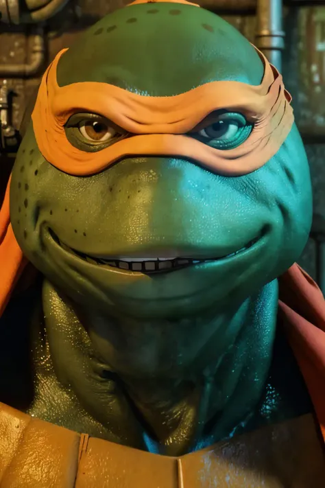 <lora:TMNTMichelangelo-11:0.8>(RAW photo, real life, absurdres, high quality, photorealistic, detailed, realistic:1.3), (solo:1.3), closeup portrait, a high resolution photo of a TMNTMichelangelo, a teenage mutant ninja turtle with an orange bandana mask with eye-holes, pipes and sewer interior and sewer water in background, cinematic, atmospheric, 8k, realistic lighting, shot by Hassleblad H6D, Zeiss, Kodachrome, nikon, 50mm 1.2 lens, Octane Render, ultra realistic, realistic lighting, photorealistic, photorealism, photoreal, unreal engine 5, Adobe After FX, highly detailed, intricate detail