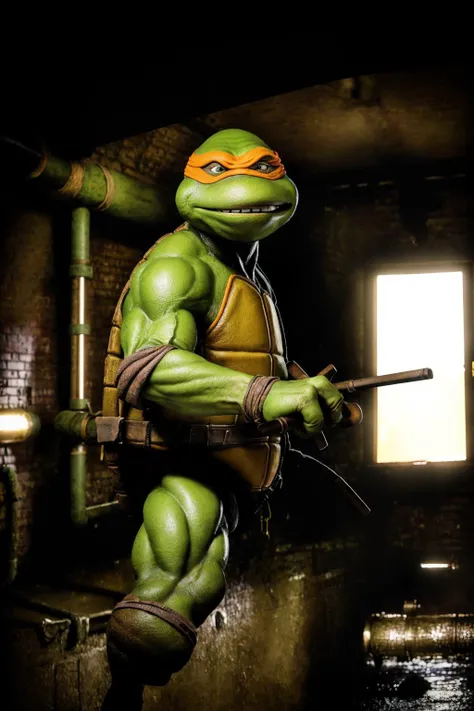 <lora:TMNTMichelangelo-10:0.8>(RAW photo, real life, absurdres, high quality, photorealistic, detailed, realistic:1.3), (solo:1.3), a high resolution photo of a TMNTMichelangelo, a teenage mutant ninja turtle with an orange bandana mask with eye-holes holding a pair of nunchucks standing in a sewer interior, fight stance pose, pipes and sewer interior and sewer water in background, cinematic, atmospheric, 8k, realistic lighting, shot by Hassleblad H6D, Zeiss, Kodachrome, nikon, 50mm 1.2 lens, Octane Render, ultra realistic, realistic lighting, photorealistic, photorealism, photoreal, unreal engine 5, Adobe After FX, highly detailed, intricate detail