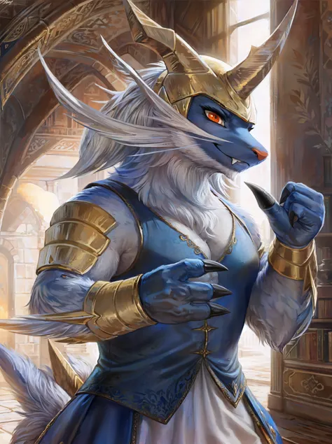 fantasy art, male focus portrait, samurott, white sclera, eyebrows, glistening orange eyes, fang, pecs, clothed, helmet, single horn, white hair, fingers claws, blue elegant clothed, (filigree pattern:0.5), sleeveless, smile, pose, old room, (books:0.5), detailed background, day, [[by personalami:by tojo the thief:0.4]:Rembrandt:0.6], elegant, masterpiece, 4k, sharp focus <lora:samurott-06:1> <lora:Furtastic_Detailer:-0.8>