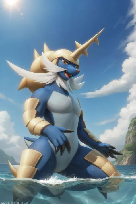 samurott, orange eyes, (pose:1.3), (posing:1.3), (soft shading), 4k, hi res, five fingers, detailed hands, ((detailed face, (detailed eyes:1.3), detailed)), (full body), by zackarry911, by zaush, (by personalami:0.5), solo, closed mouth, standing, full body, weapon, outdoors, sky, day, cloud, blue sky, no humans, ocean, helmet, feral, on all fours,