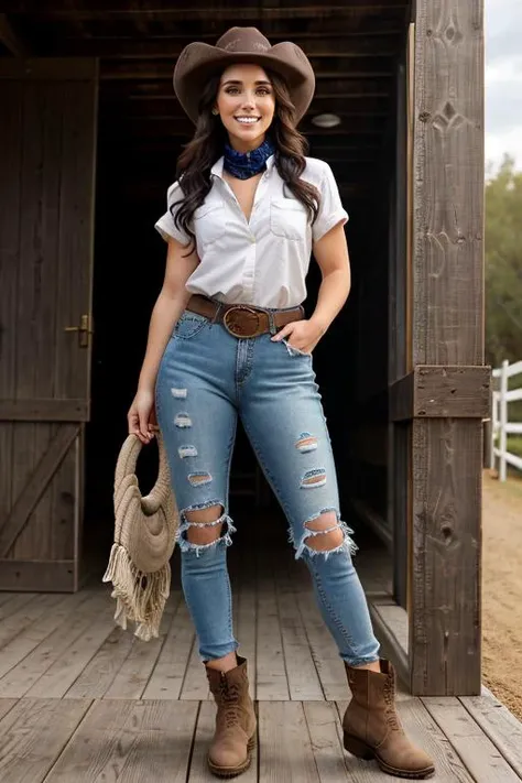 ((Full body view)) of JennS at a photographer's studio, model shoot style, wearing random ((distressed jeans)), wearing a ((Cowboy Hat)), epiCRealism, extremely intricate, High Detail, Sharp focus, dramatic, soft cinematic light, 8k raw, high res, ultrarealistic, hyperrealistic, soft lighting, good lighting, textured skin, photorealism, high details, detailed hair, imperfect skin, (skin pores), (natural skin:1.3), (looking at viewer), (Real Eyes), (Detailed Eye Corneas) (detailed pupils), ((smile:1.5)), photo lab, elegant, ((insane details)), hyperdetailed, low contrast, (((SFW))) <lora:Clothing - Sexy Cowboy:0.4> hat, open clothes, shirt/vest, pants/chaps/jeans, denim/plaid, neckerchief, belt, rope, riding, horse