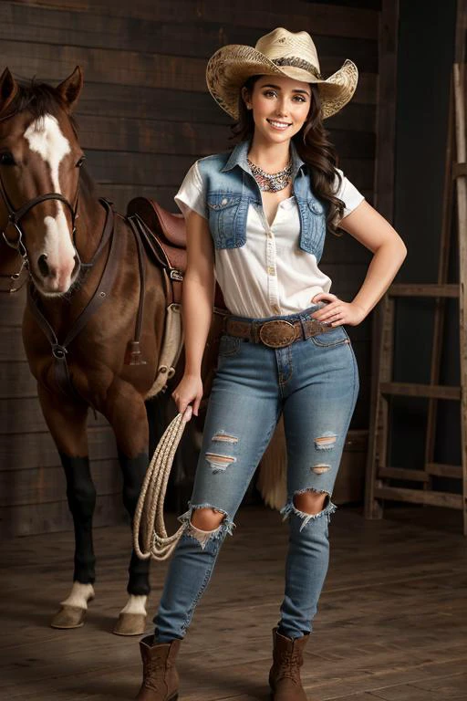 ((Full body view)) of JennS at a photographer's studio, model shoot style, wearing random ((distressed jeans)), wearing a ((Cowboy Hat)), epiCRealism, extremely intricate, High Detail, Sharp focus, dramatic, soft cinematic light, 8k raw, high res, ultrarealistic, hyperrealistic, soft lighting, good lighting, textured skin, photorealism, high details, detailed hair, imperfect skin, (skin pores), (natural skin:1.3), (looking at viewer), (Real Eyes), (Detailed Eye Corneas) (detailed pupils), ((smile:1.5)), photo lab, elegant, ((insane details)), hyperdetailed, low contrast, (((SFW))) <lora:Clothing - Sexy Cowboy:0.4> hat, open clothes, shirt/vest, pants/chaps/jeans, denim/plaid, neckerchief, belt, rope, riding, horse