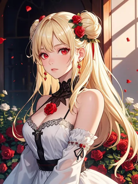 1girl, solo, long hair, red eyes, flower, white hair, dress, rose, hair bun, double bun, bare shoulders, cross, very long hair, red flower, earrings, red rose, jewelry, albino, looking at viewer, hair ornament, detached sleeves, blonde hair, masterpiece,best quality