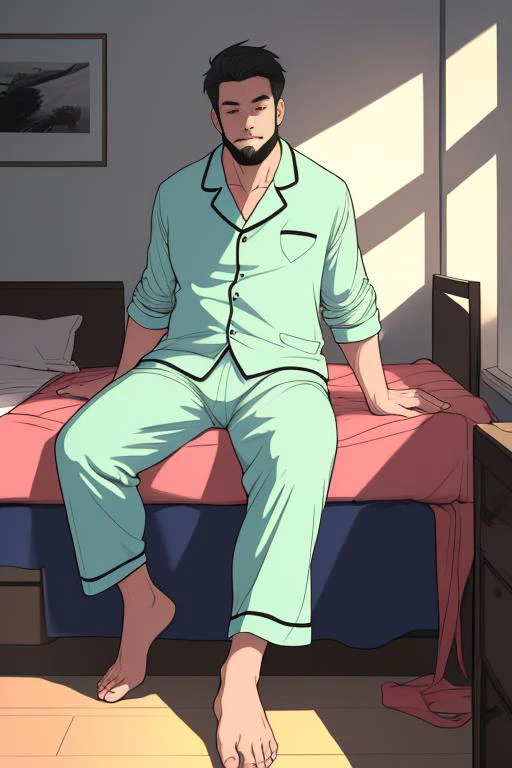 masterpiece,best quality,4k,((1male, solo, mature male, male focus, lying in bed, sleeping, slobbers, from top)), (chubby:0.8, bara:1.4, stocky, stubble, beard), ((pajamas, barefoot)), short hair, ((full body)), (cool, awesome), (round face), (bedroom background, messy room), best quality, ((flat anime, cartoon, masterpiece, best aesthetic, high res)), (flat color, soft color), ultra-detailed, crisp clarity, high-definition, vivid colors, realistic textures, accurate lighting, soft shadows, luminous ambiance, photorealistic rendering, with a cinematic feel