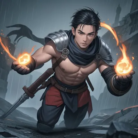 best quality,dynamic_angle,cinematic_angle,dynamic_pose,highly detailed face and skin,male focus,30 yo asian man,character with details,accessories,armored,holding a spear,bare chest,abs,stocky,sweat,wet,full_body, look at viewer,background is ancient battleground, some dead bodies were scattered everywhere, bone of man in floor, mist, fire, smoke, rain,