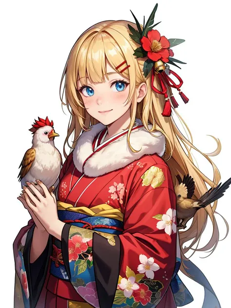 1girl,hair ornament,japanese clothes,bird,smile,solo,blue eyes,arrow (projectile),year of the rooster,hamaya,long hair,chicken,looking at viewer,white background,flower,hairclip,hair flower,kimono,own hands together,upper body,blush,bangs,closed mouth,wide sleeves,simple background,floral print,new year,chinese zodiac,long sleeves,ema,animal,ribbon,blonde hair,hair ribbon,holding,tassel,ribbon trim,scarf,holding arrow,bell,blunt bangs,red ribbon,kanzashi,nengajou,tress ribbon,jingle bell,sidelocks,ribbon-trimmed sleeves,artist name,2017,obi,hands up,sash,feathers,watermark,happy new year,crane (animal),chick,animal on head,, masterpiece,best quality