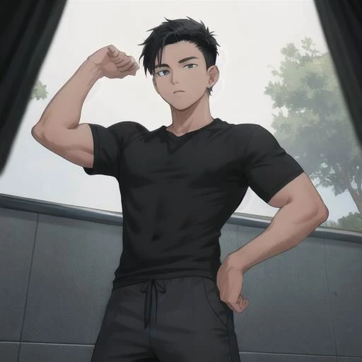 1boy,, masterpiece,best quality, syahnk,fushiguro toji,muscular male,black hair,black shirt,short sleeves,pants,monster