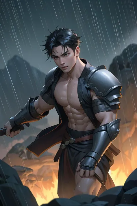 best quality,dynamic_angle,cinematic_angle,dynamic_pose,highly detailed face and skin,male focus,30 yo asian man,character with details,accessories,armored,holding a spear,bare chest,abs,stocky,sweat,wet,full_body, look at viewer,background is ancient battleground, mist, fire, smoke, rain,