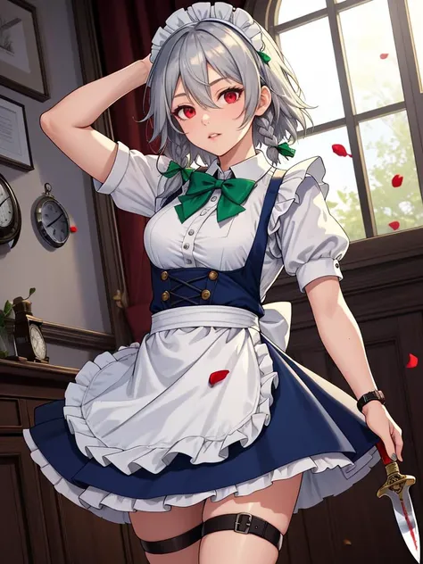 1girl, solo, izayoi sakuya, knife, apron, maid headdress, short sleeves, twin braids, holding knife, dress, puffy sleeves, red eyes, braid, bow, maid, white apron, puffy short sleeves, blue dress, grey hair, green bow, holding, ribbon, petals, frilled apron, thighs, neck ribbon, window, looking at viewer, waist apron, hair bow, bangs, indoors, arm up, weapon, green ribbon, white shirt, maid apron, breasts, petticoat, frills, feet out of frame, medium breasts, parted lips, shirt, hair between eyes, short hair, thigh holster, short dress, rose petals, thigh strap, holding weapon, holster, pocket watch, dutch angle, light particles, nail polish, blood, danmaku, bowtie, hair ribbon, watch, throwing knife, bare legs, green bowtie, wing collar, sparkle, arm behind head, dagger, clock, between fingers, masterpiece,best quality