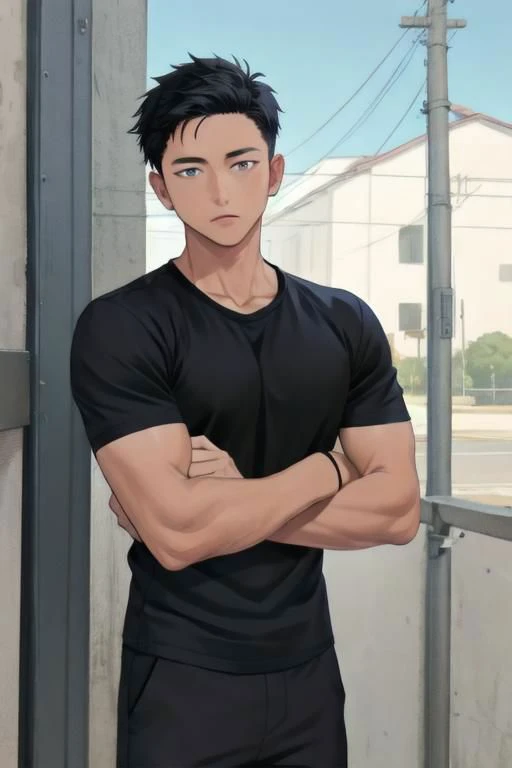 1boy,, masterpiece,best quality, syahnk,fushiguro toji,muscular male,black hair,black shirt,short sleeves,pants,monster