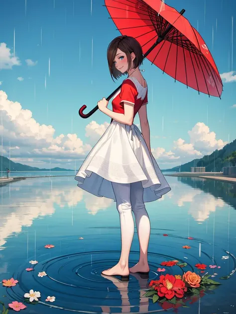 1girl, honma meiko, 1boy, umbrella, dress, long hair, string of fate, eye contact, black hair, looking at another, string, holding umbrella, barefoot, sleeveless, holding, blue eyes, white dress, flower, sleeveless dress, reflection, pants, shirt, shared umbrella, short hair, standing, smile, arms behind back, from side, chinese text, red shirt, grey hair, profile, ripples, very long hair, hetero, brown eyes, rain, shoes, full body, blush, sundress, tiptoes, sky, short sleeves, couple, height difference, reflective floor, masterpiece,best quality