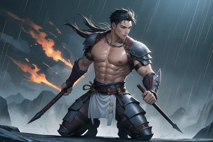 best quality,dynamic_angle,cinematic_angle,dynamic_pose,highly detailed face and skin,male focus,30 yo asian man,character with details,accessories,armored,holding a spear,bare chest,abs,stocky,sweat,wet,full_body, look at viewer,background is ancient battleground, mist, fire, smoke, rain,