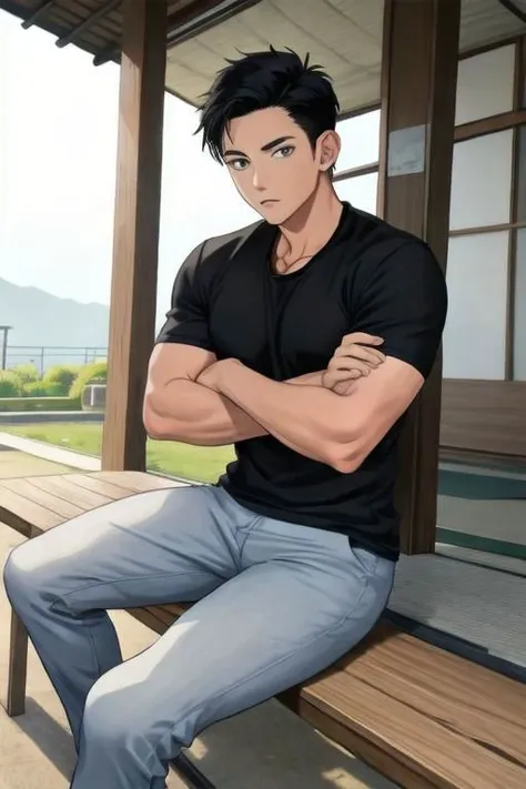 1boy,, masterpiece,best quality, syahnk,fushiguro toji,muscular male,black hair,black shirt,short sleeves,pants,monster