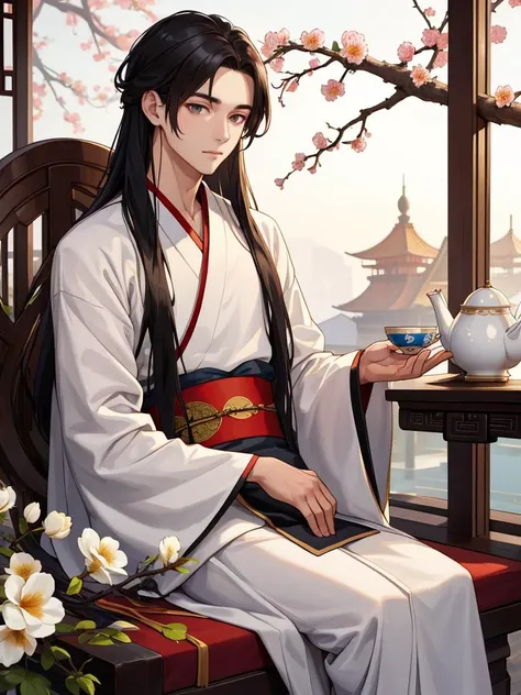 1boy,hanfu,male focus,solo,chinese clothes,teapot,long hair,black hair,wide sleeves,scroll,long sleeves,robe,flower,sitting,branch,, masterpiece,best quality