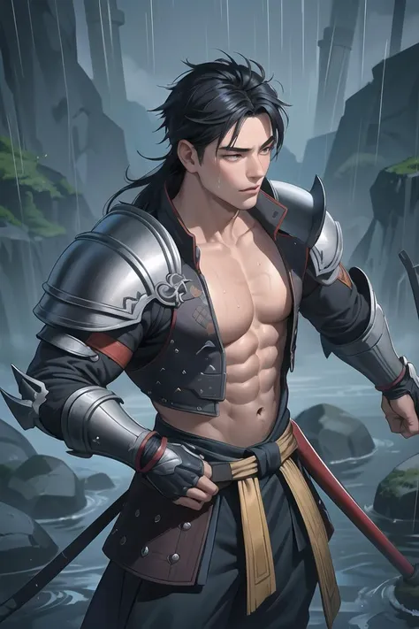 best quality,dynamic_angle,cinematic_angle,dynamic_pose,highly detailed face and skin,male focus,30 yo asian man,character with details,accessories,armored,holding a spear,bare chest,abs,stocky,sweat,wet,full_body, look at viewer,background is ancient battleground, mist, fire, smoke, rain,