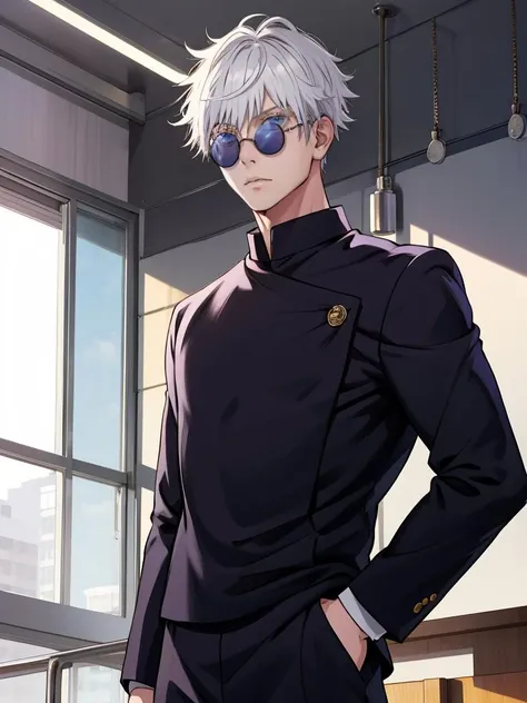 1boy,, masterpiece,best quality, <lora:jjk_gojo_s2-10:1>,gojo satoru,sunglasses, round eyewear, school uniform, black jacket, high collar, black pants