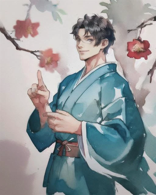 1boy, male focus, japanese clothes, yukata, muscular male, muscular, paw pose, solo, looking at viewer, grin, black hair, blue eyes, short hair, flower, petals, best quality, amazing quality, best aesthetic, absurdres, year 2023, <lora:try2:1>, watercolor