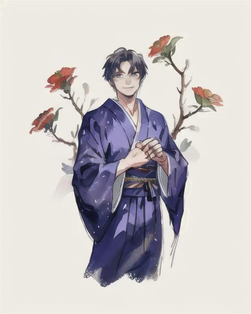 1boy, male focus, japanese clothes, yukata, muscular male, muscular, paw pose, solo, looking at viewer, grin, black hair, blue eyes, short hair, flower, petals, best quality, amazing quality, best aesthetic, absurdres, year 2023, <lora:try2:1>, watercolor