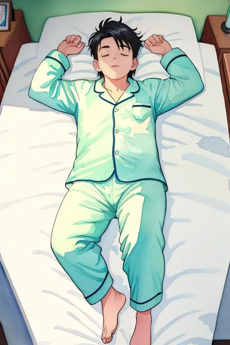 masterpiece,best quality,4k,((1male, solo, mature male, male focus, (lying in bed), sleeping, slobbers, from top)), (chubby:0.8, bara:1.4, stocky, stubble), ((pajamas, barefoot, shirtless)), short hair, ((full body)), (cool, awesome), (round face), (bedroom background, messy room), best quality, ((flat anime, cartoon, masterpiece, best aesthetic, high res)), (flat color, soft color), ultra-detailed, crisp clarity, high-definition, vivid colors, realistic textures, accurate lighting, soft shadows, luminous ambiance, photorealistic rendering, with a cinematic feel, nsfw, bird's eye view, (((watercolor)))