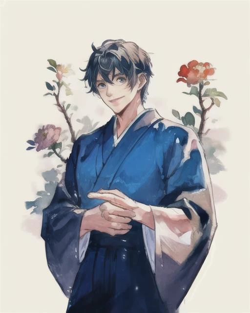 1boy, male focus, japanese clothes, yukata, muscular male, muscular, paw pose, solo, looking at viewer, grin, black hair, blue eyes, short hair, flower, petals, best quality, amazing quality, best aesthetic, absurdres, year 2023, <lora:try2:1>, watercolor