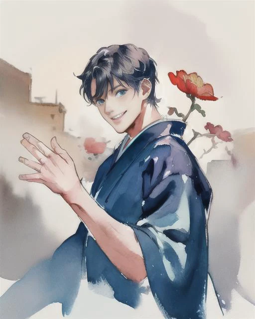 1boy, male focus, japanese clothes, yukata, muscular male, muscular, paw pose, solo, looking at viewer, grin, black hair, blue eyes, short hair, flower, petals, best quality, amazing quality, best aesthetic, absurdres, year 2023, <lora:try2:1>, watercolor