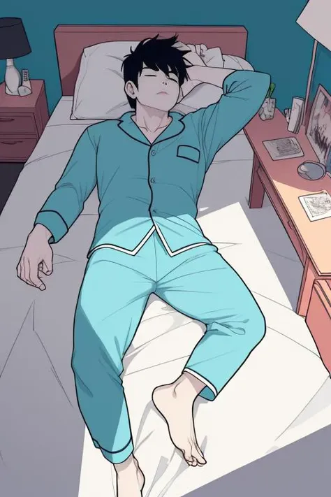 masterpiece,best quality,4k,((1male, solo, mature male, male focus, (lying in bed), sleeping, slobbers, from top)), (chubby:0.8, bara:1.4, stocky, stubble), ((pajamas, barefoot, shirtless)), short hair, ((full body)), (cool, awesome), (round face), (bedroom background, messy room), best quality, ((flat anime, cartoon, masterpiece, best aesthetic, high res)), (flat color, soft color), ultra-detailed, crisp clarity, high-definition, vivid colors, realistic textures, accurate lighting, soft shadows, luminous ambiance, photorealistic rendering, with a cinematic feel, nsfw