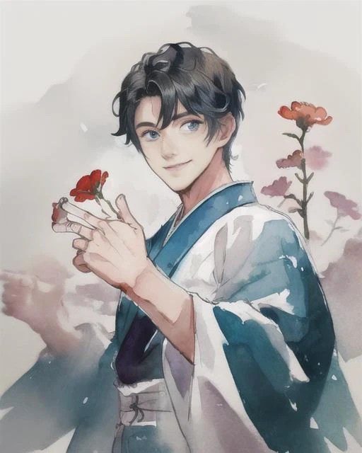 1boy, male focus, japanese clothes, yukata, muscular male, muscular, paw pose, solo, looking at viewer, grin, black hair, blue eyes, short hair, flower, petals, best quality, amazing quality, best aesthetic, absurdres, year 2023, <lora:try2:1>, watercolor