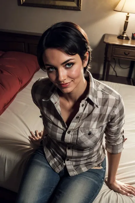 curie, short black hair, green eyes, closed red flannel shirt, jeans, dirty clothes, grey undershirt, looking at viewer, seductive smile, blush, sitting, on large bed, from_above,soft lighting, romantic ambiance, high quality, masterpiece, <lora:curie-10F4v8:.7>